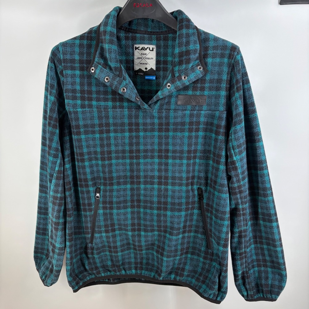 Gorpcore KAVU Teannaway Fleece Pullover Teal Black Plaid Snap Neck Mens Medium